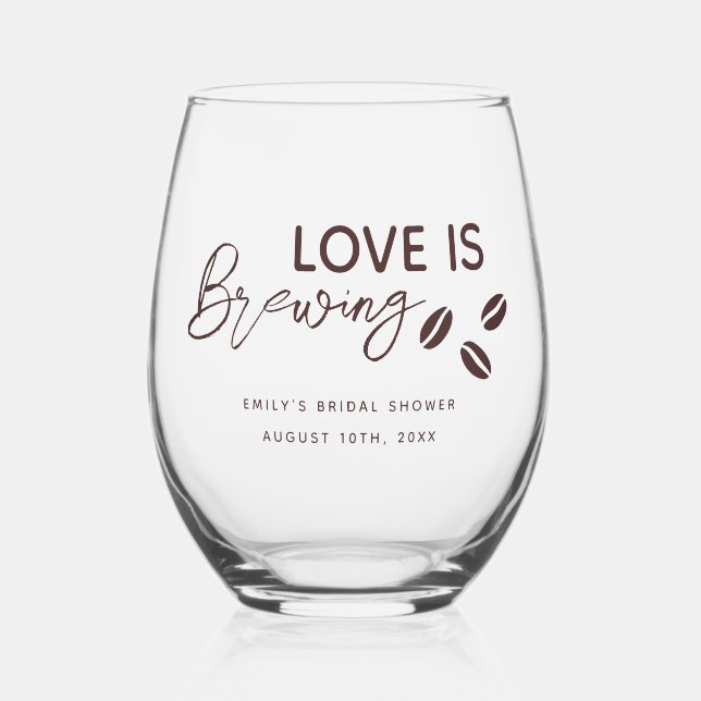 Love is Brewing Coffee Theme Bridal Shower Stemless Wine Glass (Back)