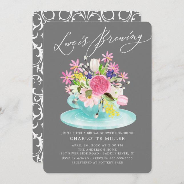 Love is Brewing Colourful Floral Bridal Tea Shower Invitation (Front/Back)