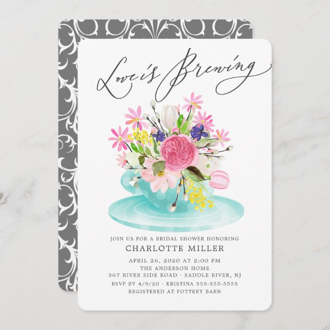 Love is Brewing Colourful Floral Bridal Tea Shower Invitation (Front/Back)