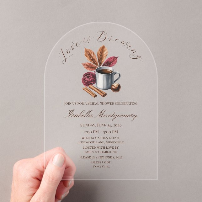 Love Is Brewing Cozy Rustic Coffee Bridal Shower Acrylic Invitations (Insitu (Handheld))