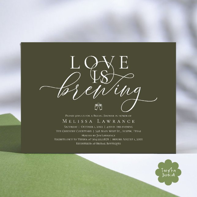 Love Is Brewing Elegant Script Bridal Shower Invitation (Love Is Brewing Modern Classy Elegant Script Bridal Shower Invitation Card in Olive Green)
