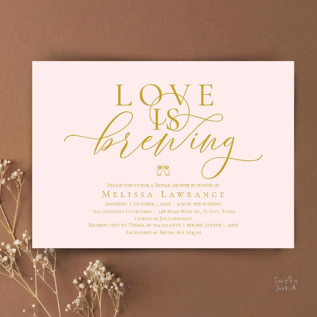 Love Is Brewing Elegant Script Bridal Shower Invitation (Love Is Brewing Modern Classy Elegant Script Bridal Shower Invitation Card in Gold Blush)