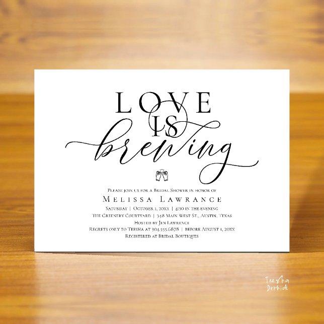 Love Is Brewing Elegant Script Bridal Shower Invitation (Love Is Brewing Modern Classy Elegant Script Bridal Shower Invitation Card in Black and White)