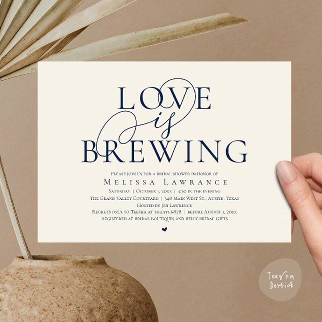 Love Is Brewing Elegant Script Bridal Shower Invitation (Love Is Brewing Elegant Script Bridal Shower Invitation Card Beer Wine Bar in Navy Blue Ivory)