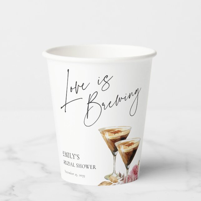 Love is Brewing Espresso Elegant Bridal Shower Paper Cups (Front)