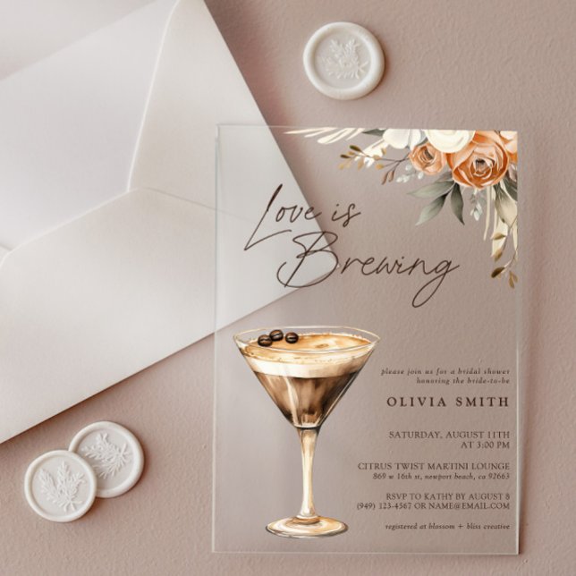 Love is Brewing Espresso Martini Bridal Shower Acrylic Invitations (Creator Uploaded)