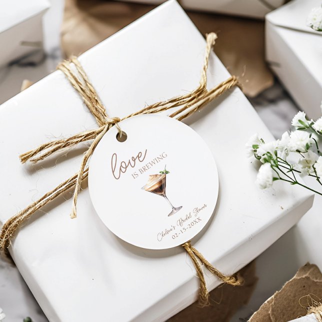 Love is Brewing Espresso Martini Bridal Shower Classic Round Sticker (Love is Brewing Espresso Martini Bridal Shower Round Sticker, Label, Tag, Favor, Brunch, Trendy)