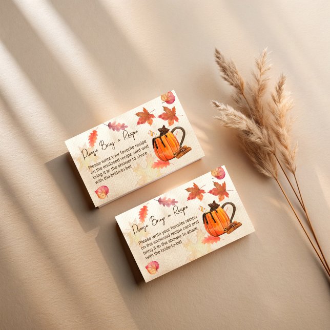 Love is brewing fall autumn bridal shower enclosure card (Love is brewing fall autumn bridal shower enclosure cards pumpkin mug maple leaves recipe card)