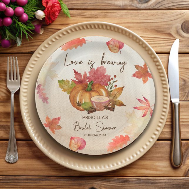 Love is brewing fall autumn bridal shower paper plate (Love is brewing fall autumn bridal shower monogrammed customized paper plates personalized decor)