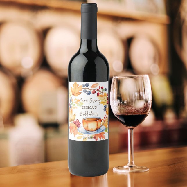 Love is brewing fall bridal shower favours wine label (Love is brewing fall themed bridal shower personalized wine bottle labels)