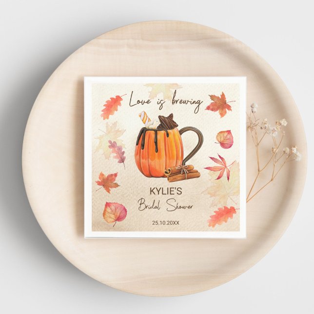 Love is brewing fall bridal shower monogrammed napkin (Love is brewing fall bridal shower monogrammed printed napkins pumpkin mug spices maple leaves)