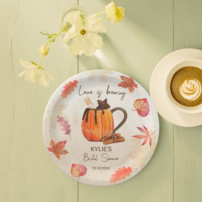 Love is brewing fall bridal shower monogrammed paper plate (Love is brewing fall bridal shower monogrammed printed  paper plates pumpkin mug hot chocolate maple)