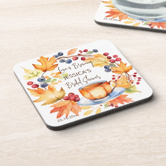 Love is brewing fall bridal shower tableware favou coaster (Left Side)