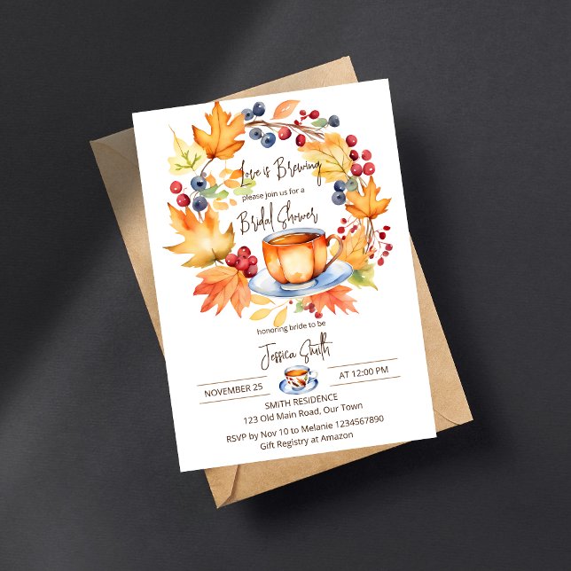 Love is brewing fall themed bridal shower template (Love is brewing fall themed bridal shower tea party template invitation digital download watercolor)