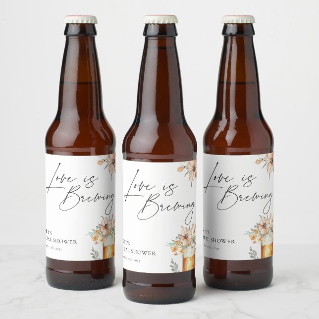 Love is Brewing Floral Bridal Shower Beer Bottle Label (Bottles)