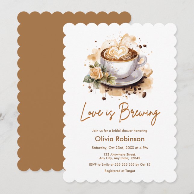 Love is Brewing Floral Brown Coffee Bridal Shower Invitation (Front/Back)
