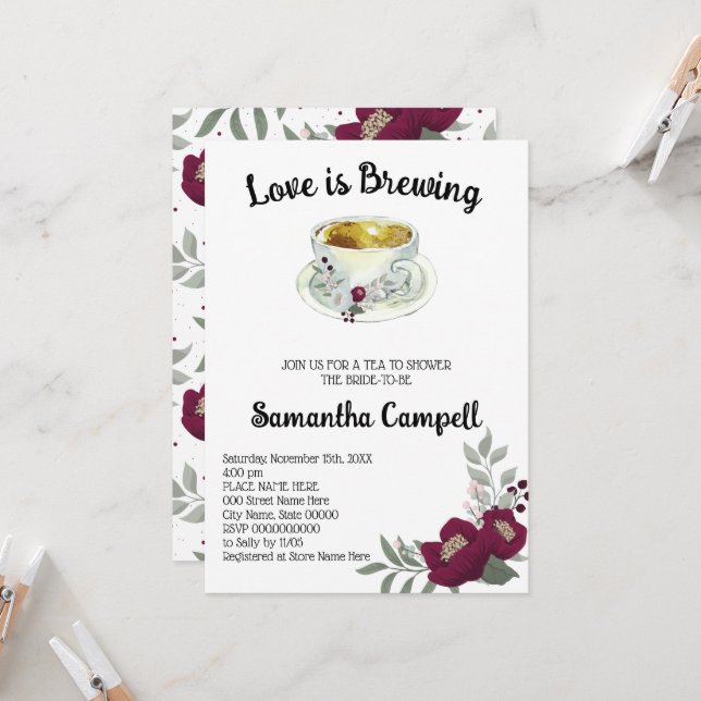 Love is Brewing Floral Marsala Tea Bridal Shower Invitation (Front/Back In Situ)