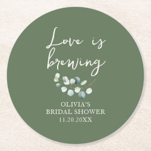 Love is Brewing Garden Greenery Bridal Shower Round Paper Coaster