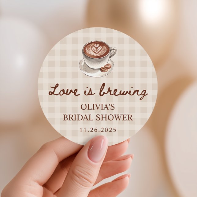 Love is Brewing Gingham Coffee Bridal Shower Favou Classic Round Sticker (Creator Uploaded)