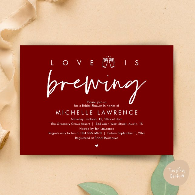 Love is brewing, Gorgeous Bridal Shower Beer Party Invitation (Love is brewing, Gorgeous Bridal Shower Beer Party modern Invitation card pdf in burgundy red wine)