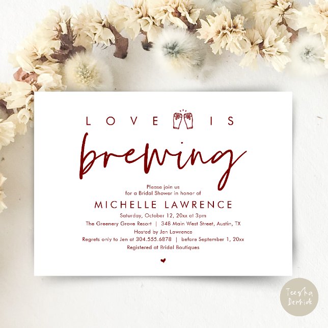 Love is brewing, Gorgeous Bridal Shower Beer Party Invitation (Love is brewing, Gorgeous Bridal Shower Beer Party modern Invitation card pdf in burgundy red wine)