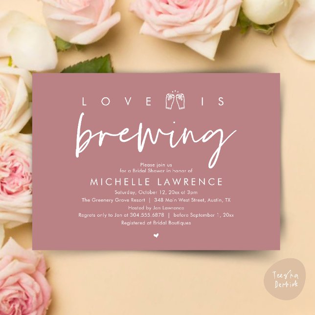 Love is brewing, Gorgeous Bridal Shower Beer Party Invitation (Love is brewing, Gorgeous Bridal Shower Beer Party modern Invitation card pdf in dusty rose pink)