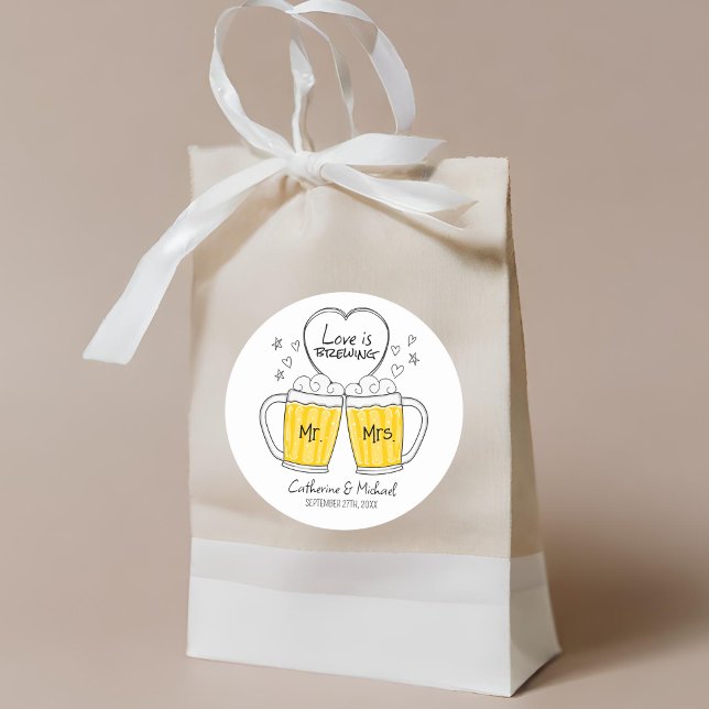 Love Is Brewing Hand Drawn Beer Glasses Wedding Classic Round Sticker (Creator Uploaded)