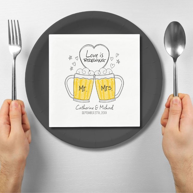 Love Is Brewing Hand Drawn Beer Glasses Wedding Napkin (Creator Uploaded)