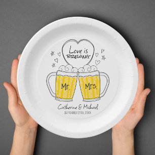 Love Is Brewing Hand Drawn Beer Glasses Wedding Paper Plate