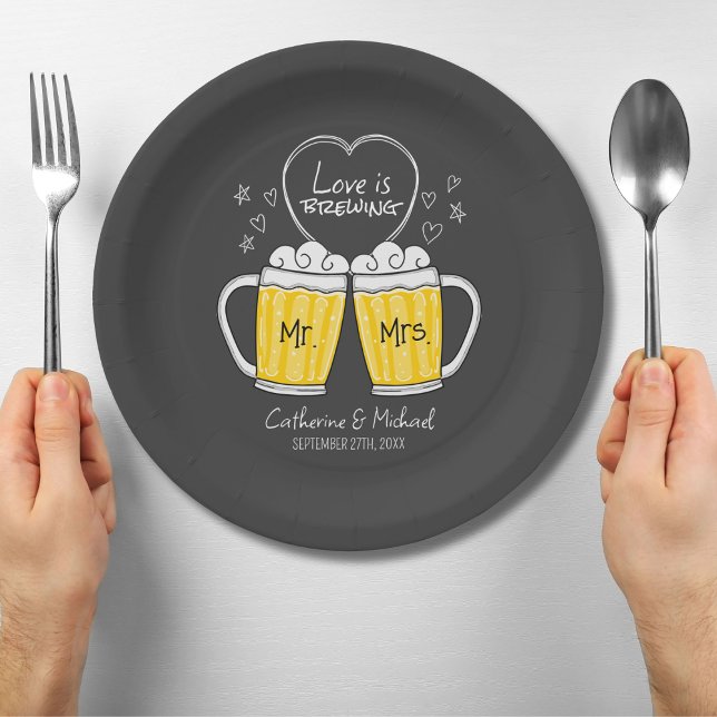 Love Is Brewing Hand Drawn Beer Glasses Wedding Paper Plate (Creator Uploaded)