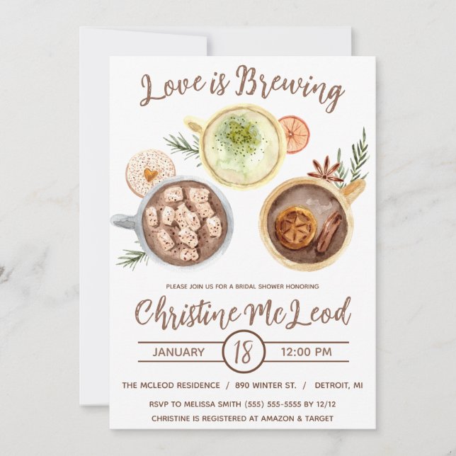 Love is Brewing, Hot Cocoa, Coffee,  Bridal Shower Invitation (Front)