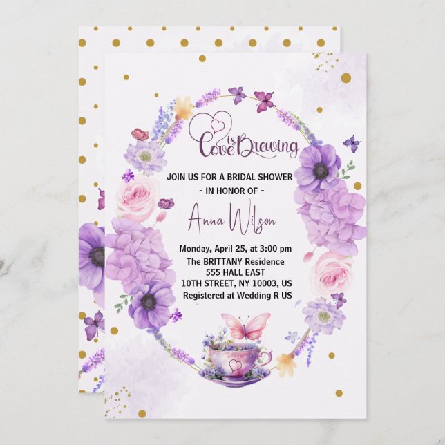 love is brewing lilac Heart Floral bridal shower  Invitation (Front/Back)