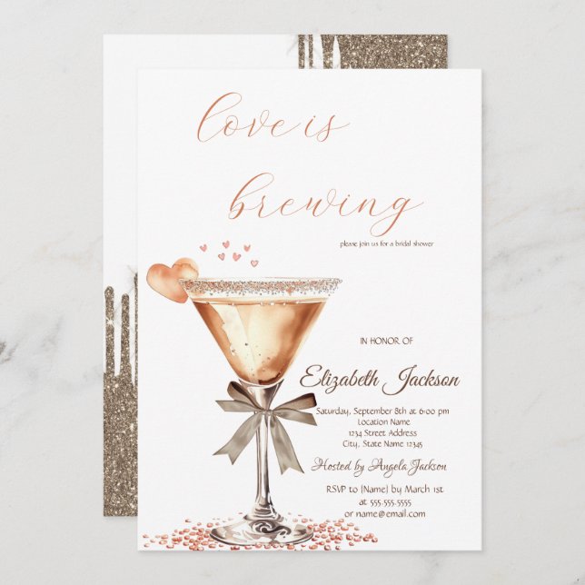 Love is Brewing Martini Heart Glitter Drips  Invitation (Front/Back)