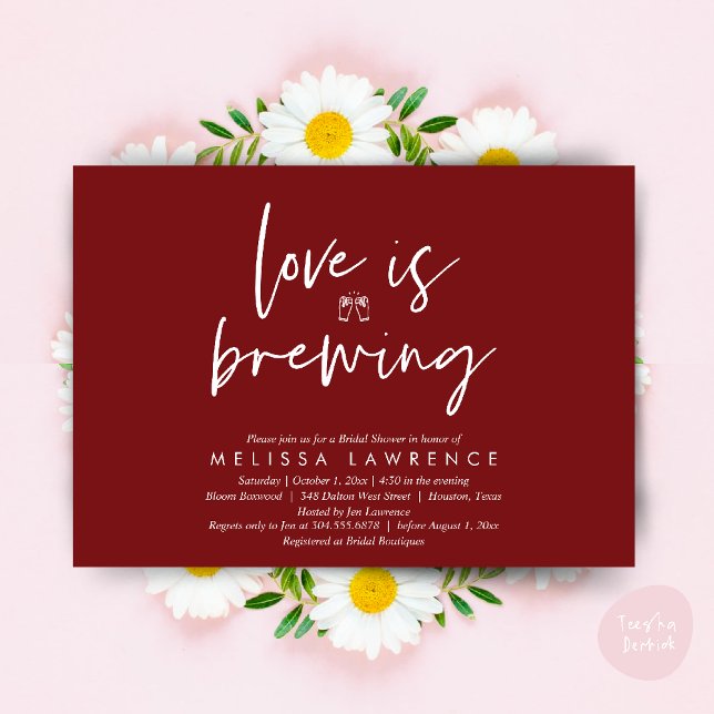 Love is brewing, Perfect Bridal Shower Beer Party Invitation (Love is brewing, Perfect Bridal Shower Beer Party Invitation Card PDF Burgundy Wine Red)