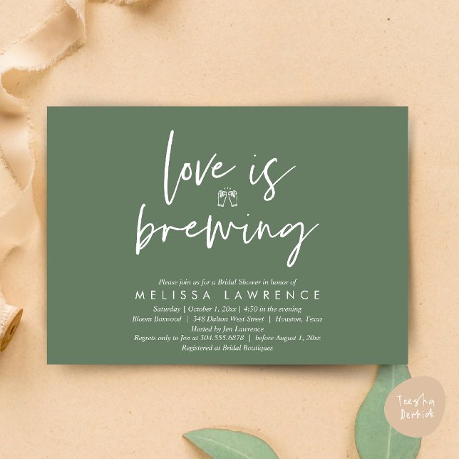 Love is brewing, Perfect Bridal Shower Beer Party Invitation (Love is brewing, Perfect Bridal Shower Beer Party Invitation Card PDF Sage Green)