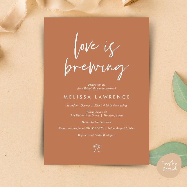 Love is brewing, Perfect Bridal Shower Beer Party Invitation (Love is brewing, Perfect Bridal Shower Beer Party Invitation Card PDF Copper Brown)