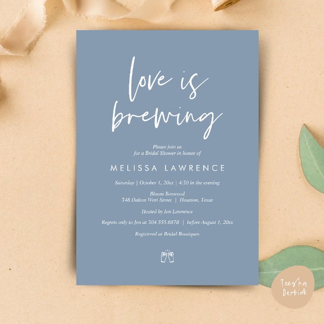Love is brewing, Perfect Bridal Shower Beer Party Invitation (Love is brewing, Perfect Bridal Shower Beer Party Invitation Card PDF Dusty Blue)
