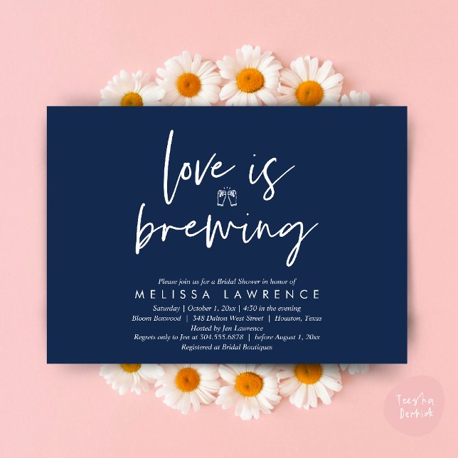 Love is brewing, Perfect Bridal Shower Beer Party Invitation (Love is brewing, Perfect Bridal Shower Beer Party Invitation Card PDF Navy Blue)