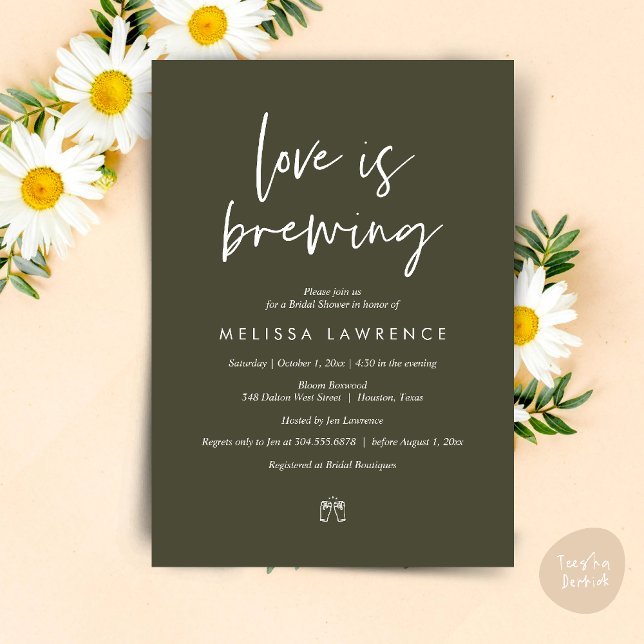 Love is brewing, Perfect Bridal Shower Beer Party Invitation (Love is brewing, Perfect Bridal Shower Beer Party Invitation Card PDF Olive Green)