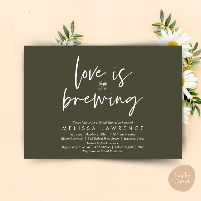Love is brewing, Perfect Bridal Shower Beer Party Invitation (Love is brewing, Perfect Bridal Shower Beer Party Invitation Card PDF Olive Green)