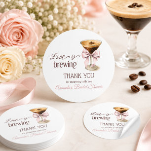 Love is Brewing Pink Bow Coffee Bridal Shower Classic Round Sticker