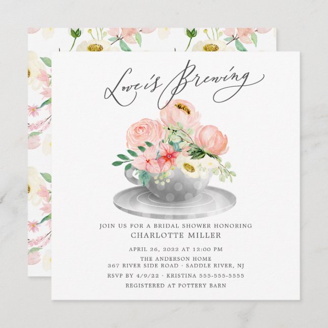 Love is Brewing Pink Floral Bridal Tea Shower Invi Invitation (Front/Back)