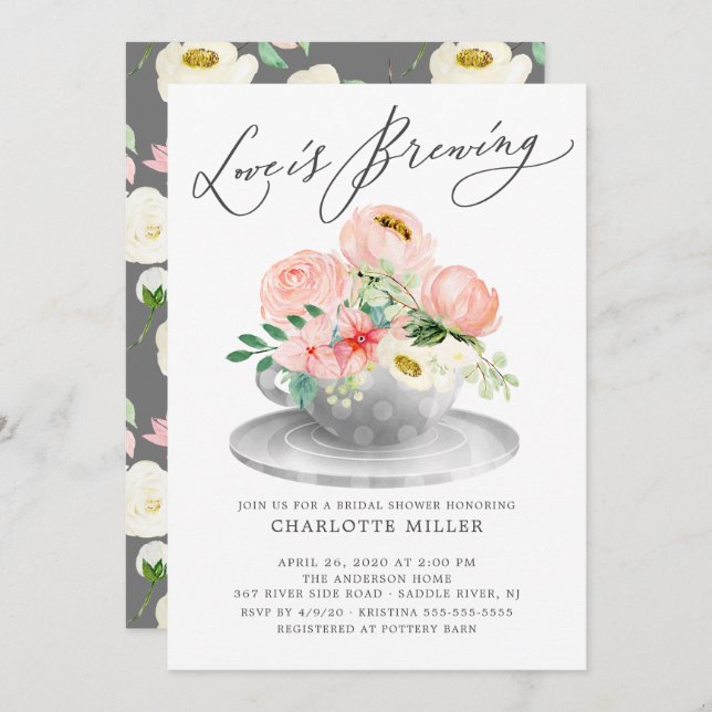 Love is Brewing Pink Floral Bridal Tea Shower Invi Invitation (Front/Back)