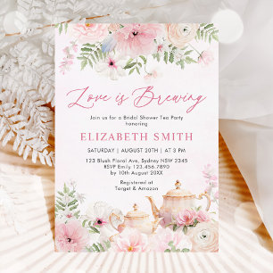 Love is Brewing Pink Floral Tea Bridal Shower Invitation