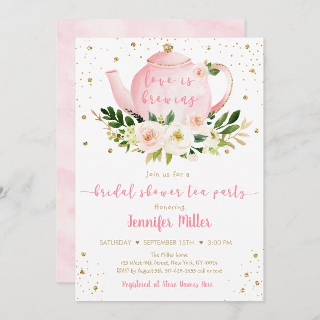 Love Is Brewing Pink Gold Tea Party Bridal Shower Invitation (Front/Back)