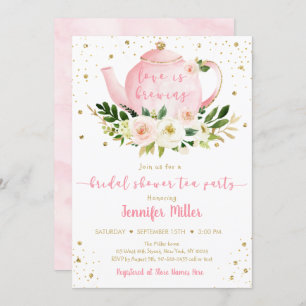 Love Is Brewing Pink Gold Tea Party Bridal Shower Invitation