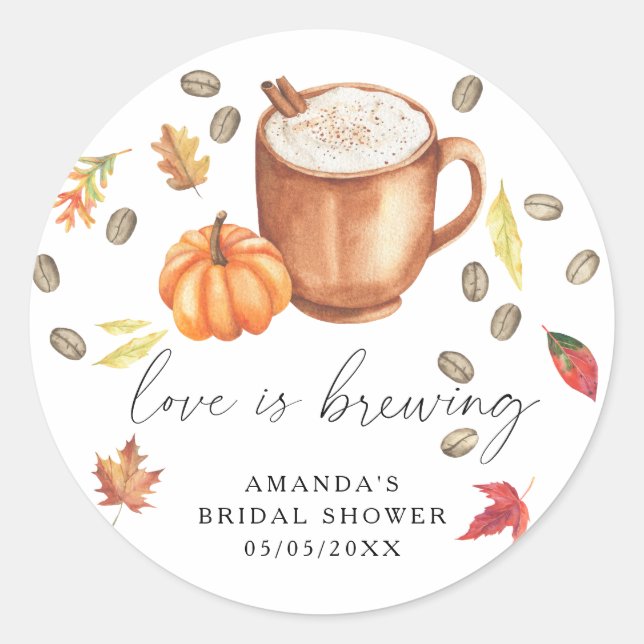 Love is brewing Pumpkin Coffee Bridal shower Classic Round Sticker (Front)