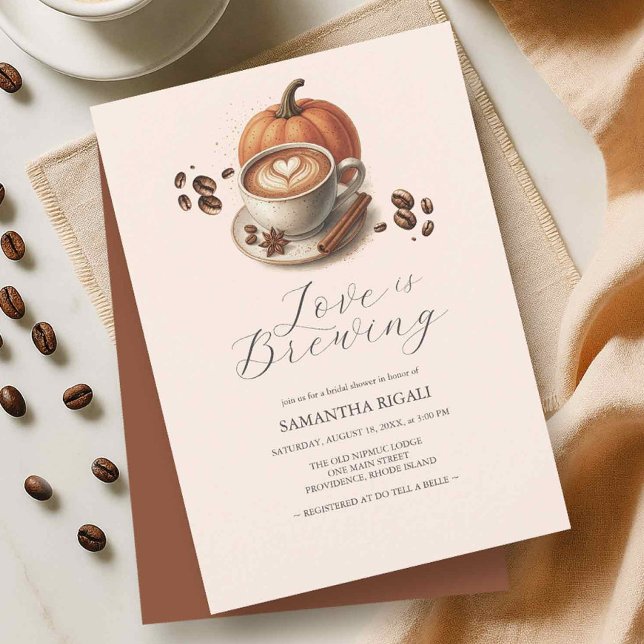 Love is Brewing Pumpkin Spice Coffee Bridal Shower Invitation (Love is brewing bridal shower pumpkin and spice invitations)