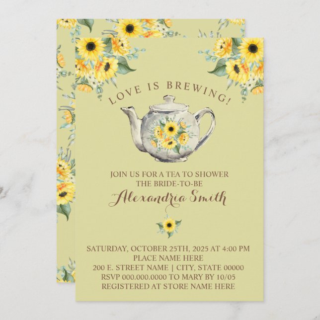Love is Brewing Tea Bridal Shower Sunflowers Invitation (Front/Back)