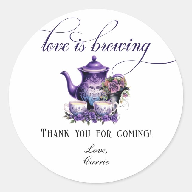 Love is Brewing Tea Party Gothic Bridal Shower Classic Round Sticker (Front)